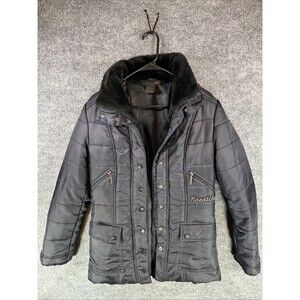 Rocawear Black Puffer Jacket Mens Small Faux Fur Collar Quilted Coat Y2K